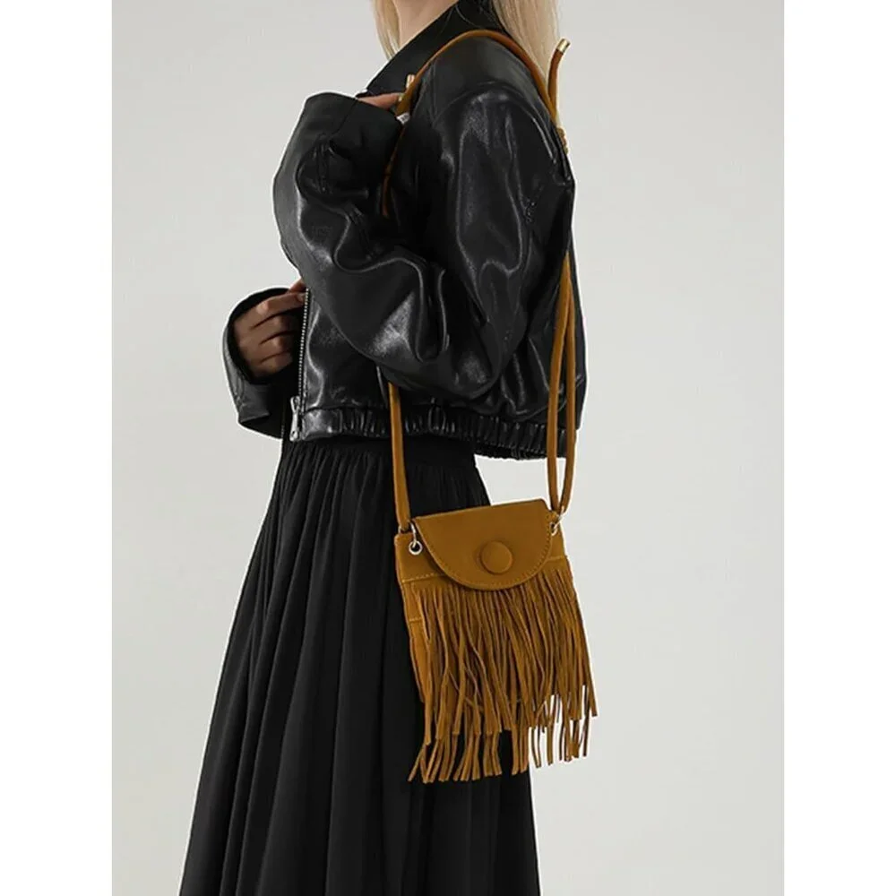 Women's Fringe Suede Crossbody Bag Woven Tassel Boho Clutch Purse